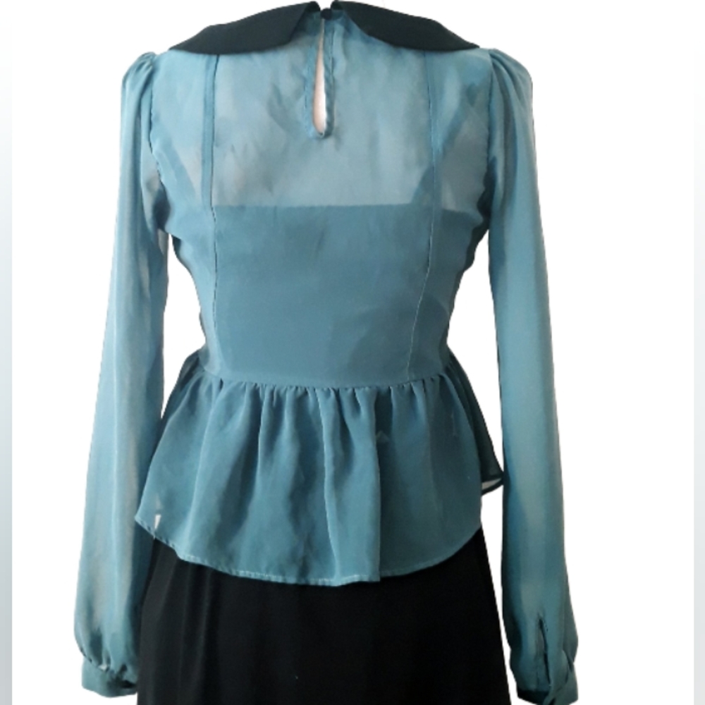 Double Zero Sheer Ruffle Front Blouse Size - Size Small/XS Teal Blue - Picture 2 of 14